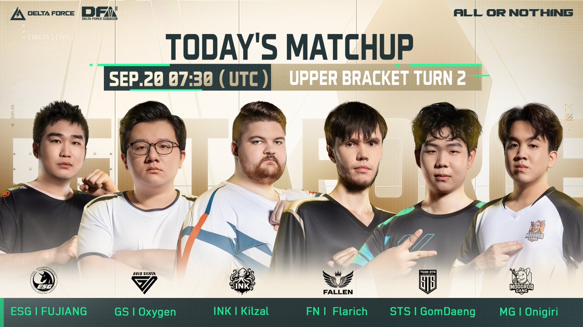 DFI UPPER BRACKET TURN 2-Today's Matchup 
⚔️ESG 🆚 GS 🆚 INK🆚 FN 🆚STS 🆚MG
⏰Sep 20 | 7:30 UTC+0 

👇Watch live:
twitch.tv/deltaforcegame…

Delta Force invitational 2025 l Everything You Need to
Know: 
playdeltaforce.com/en/detail/news…