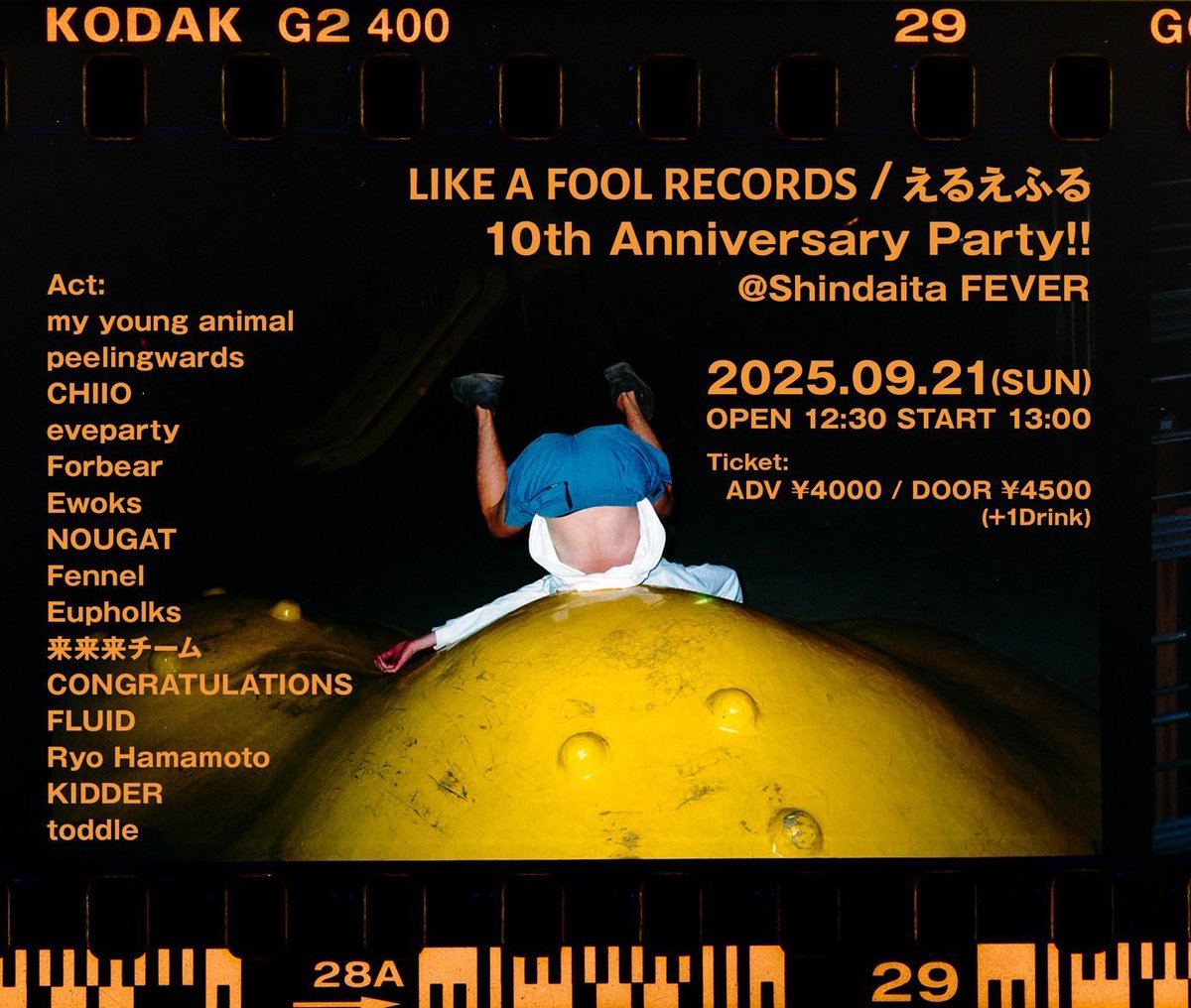 ついにっ！明日です！！
2025.09.21(Sun)
新代田FEVER

LIKE A FOOL RECORDS / えるえふる
10th Anniversary Party!!

my young animal
peelingwards
CHIIO
eveparty
Forbear
Ewoks
NOUGAT
Fennel
Eupholks
来来来チーム
CONGRATULATIONS
FLUID
Ryo Hamamoto
KIDDER
toddle

fever-popo.com/schedule/2025/…