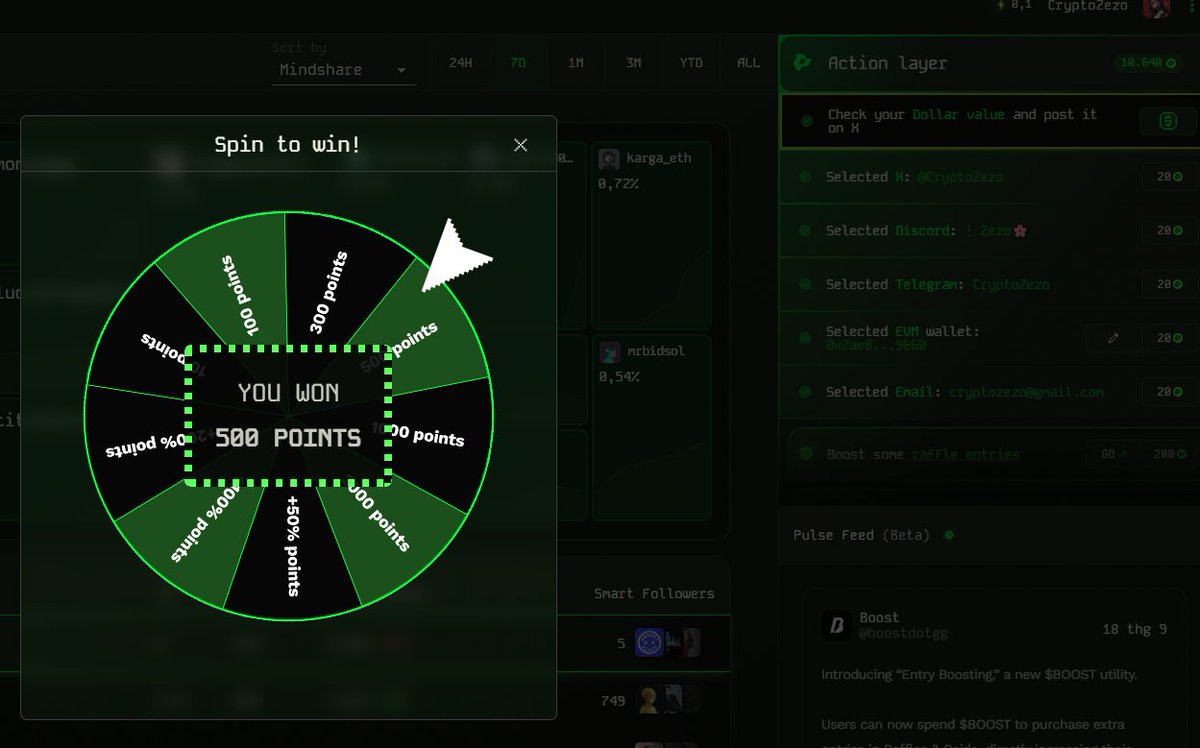 To day i get 500 points!!
Spin now!!
<a href="/boostdotgg/">Boost</a> <a href="/PulseInfra/">Pulse</a> 
$BOOST