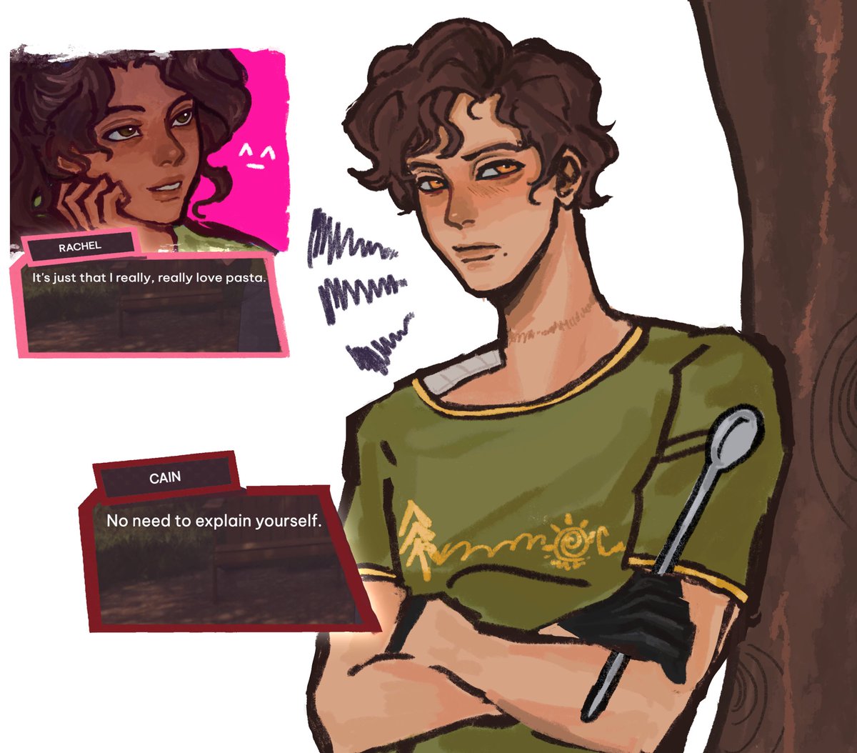 Mac and Cheese then 🤓☝️🩷
————

Not to excuse Cain at the end of ch11 (💀) but like… why does he look THAT hot in the camp uniform 🔥🔥🔥🔥