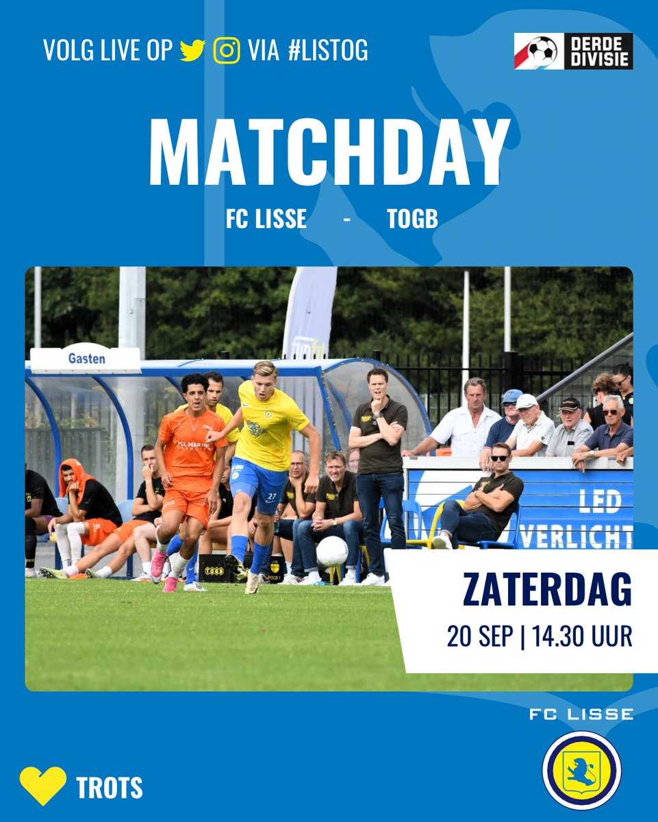 FC Lisse (@fclisse) on Twitter photo ⚽️ MATCHDAY | 🟡🔵 ⚔️ 🟡⚫️ | #LIStog |
🎙️ Wedstrijdverslag op <a href="/omroepbo/">Bollenstreek Omroep</a> door Jankees Faas 🎙️
🚶♂️🚲 Gezien de verwachte drukte op sportcomplex Ter Specke wordt geadviseerd om lopend of met de fiets naar sportpark te komen🚶♂️🚲 ⚽️ MATCHDAY | 🟡🔵 ⚔️ 🟡⚫️ | #LIStog |
🎙️ Wedstrijdverslag op <a href="/omroepbo/">Bollenstreek Omroep</a> door Jankees Faas 🎙️
🚶♂️🚲 Gezien de verwachte drukte op sportcomplex Ter Specke wordt geadviseerd om lopend of met de fiets naar sportpark te komen🚶♂️🚲