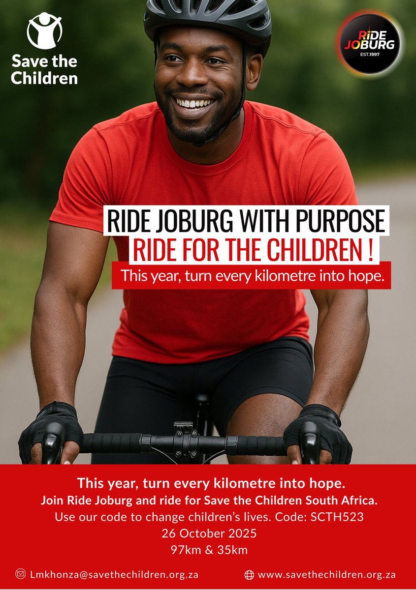 Save the Children SA (@savechildrensa) on Twitter photo Every kilometre matters. 🚴🏽
On 26 Oct, Save the Children SA rides for child protection at <a href="/RideJoburg/">Ride Joburg</a>.
Be part of the movement. Register with code SCTH523 & help us spread the word. Repost to raise awareness.
#SaveTheChildrenSA #ChildRights #CyclingForImpact#ChildProtection Every kilometre matters. 🚴🏽
On 26 Oct, Save the Children SA rides for child protection at <a href="/RideJoburg/">Ride Joburg</a>.
Be part of the movement. Register with code SCTH523 & help us spread the word. Repost to raise awareness.
#SaveTheChildrenSA #ChildRights #CyclingForImpact#ChildProtection