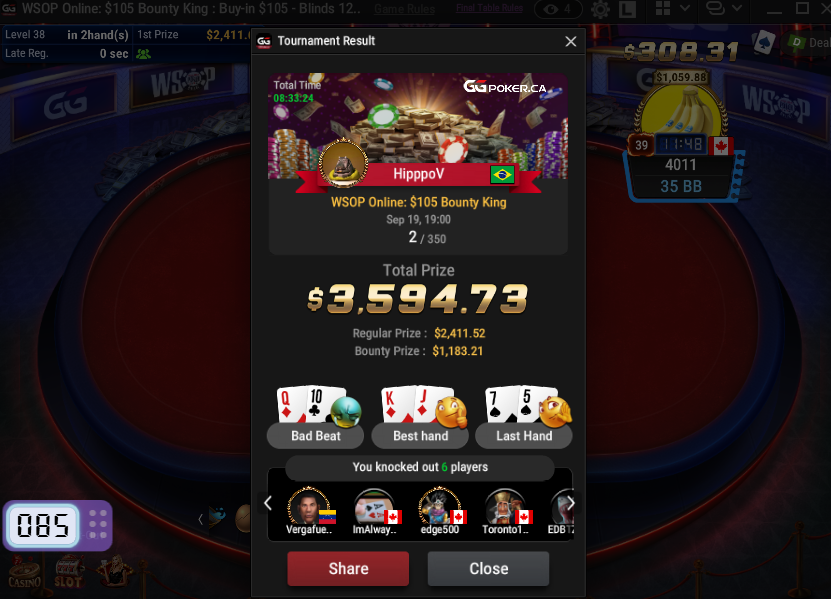 2nd in the WSOP Online $105 Bounty King for $3500!! almost did it again 🥈