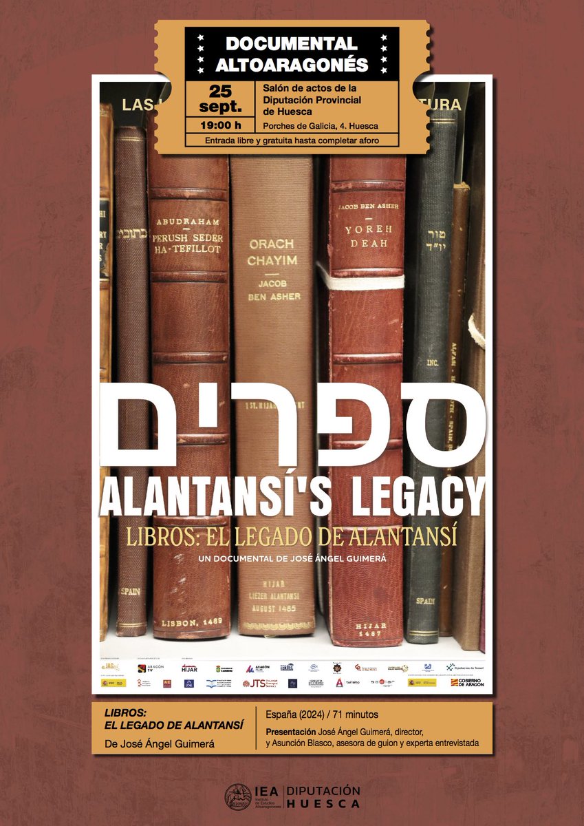 25 de septiembre tenemos una nueva sesión del programa #DocumentalAltoaragonés del IEA en la que se proyectará el documental 'Libros: el legado de Alantansí!', de <a href="/twjagui/">JOSÉ ÁNGEL GUIMERÁ</a> (2024).
A partir de las 19:00 h en el salón de actos de la <a href="/DPHuesca/">Diputación de Huesca</a>
👉 iea.es/-/documental-a…