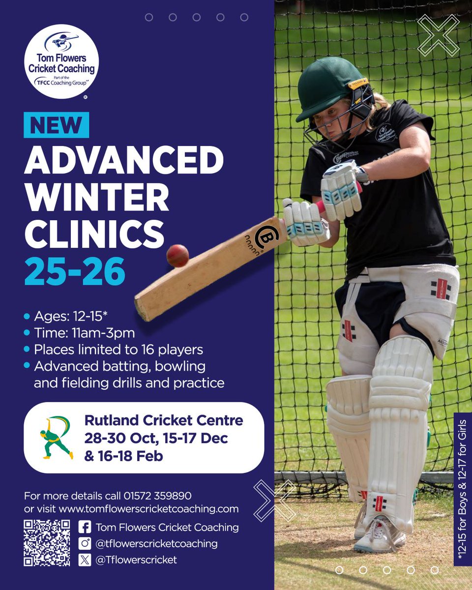 Are you looking to refine your game and achieve your full potential?🏏
Introducing Advanced Winter Clinics! 📊

👦 12-15 year olds
👧 12-17 year olds
👨‍🏫 ECB Qualified Coaches
⚠️ Places limited to 16 players
📅 28-30 Oct, 15-17 Dec &amp; 16-18 Feb
📍 <a href="/CricketRutland/">Rutland Cricket Centre 🟢🟡</a>

👉 Book Now: