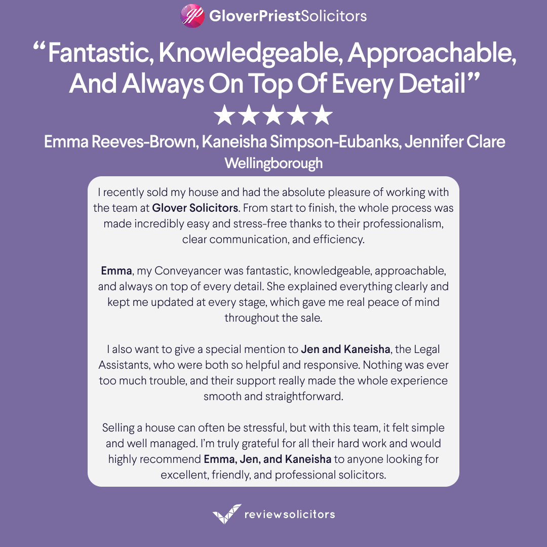 𝗖𝗹𝗶𝗲𝗻𝘁 𝗧𝗲𝘀𝘁𝗶𝗺𝗼𝗻𝗶𝗮𝗹🤩

We love to hear about what our clients have to say about our service!
💬leave us a review: reviewsolicitors.co.uk/west-midlands/…

#GloverPriestSolicitors #FeedbackFriday #clientfeedback #Wellingborough