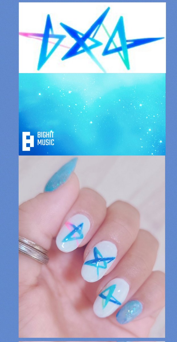 久しぶりTXTネイル💅 カムバから２ヶ月くらい経ったけどTOGETHERのロゴと星空のイメージ🌃✨✨  
#TXTロゴネイル
#TOGETHER
