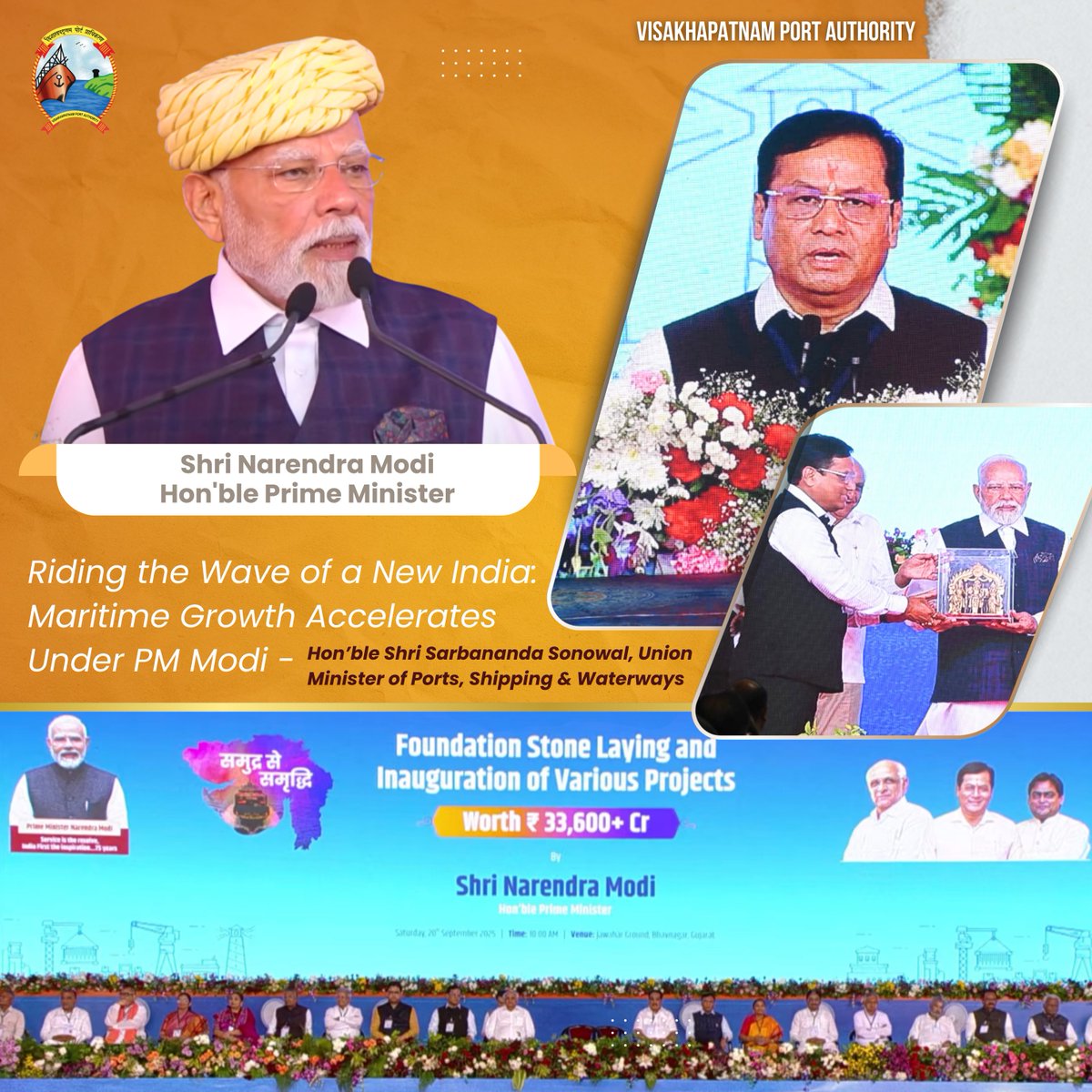 vptIndia's tweet photo. Riding the Wave of a New India! 

At the 'Samudra Se Samriddhi' event in Gujarat, Union Minister @sarbanandsonwal in his welcome address detailed how India's maritime sector is powering ahead under the leadership of PM @narendramodi ji 

A thread on the key initiatives shaping our Blue Economy...
@PMOIndia @sarbanandsonwal @Shantanu_bjp @shipmin_india @Indportsassn 
#MaritimeIndia #BlueEconomy #Gujarat