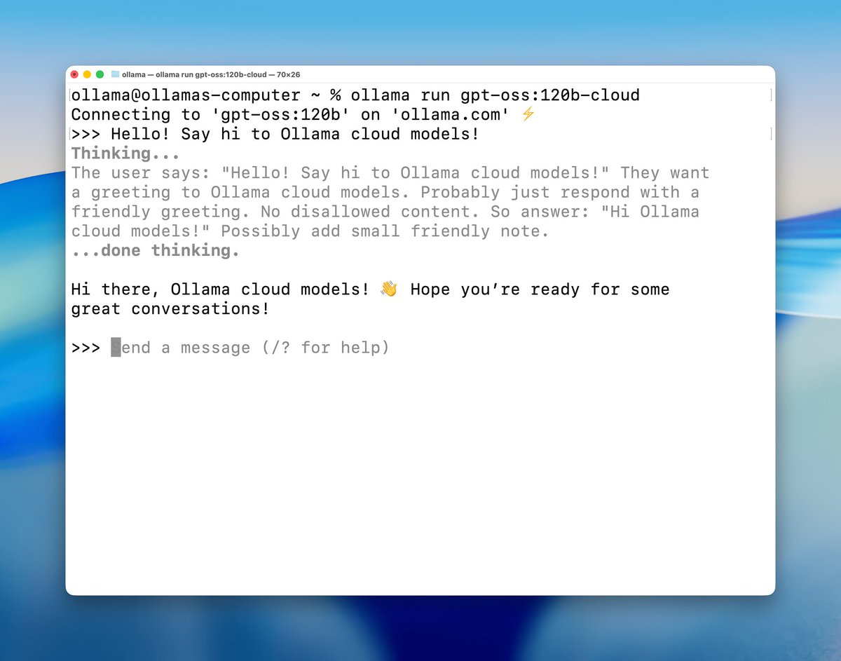 Los modelos en la nube de Ollama ya están en versión preliminar, lo que permite ejecutar modelos más grandes con hardware rápido

Ejecutar modelos más grandes que no caben en un PC personal. La nube de Ollama no retiene datos para garantizar la privacidad 
ollama.com/blog/cloud-mod…