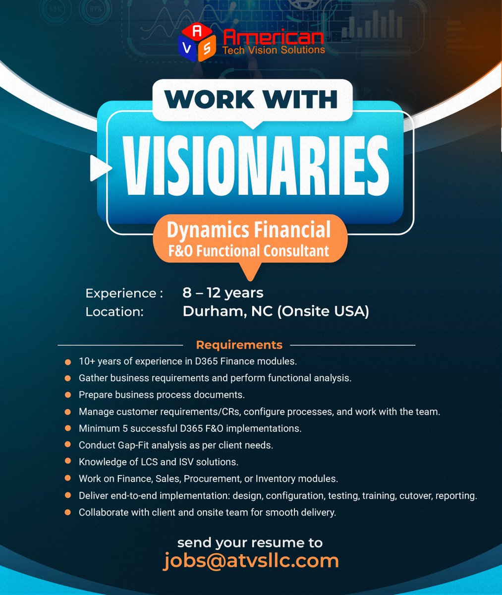 TechAtvs's tweet image. 🚀 Work with Visionaries! We’re hiring Dynamics 365 F&O Functional Consultant
📍 Durham, NC (Onsite)
🕒 12 Months | C2C / W2
💼 Exp: 8–12 yrs | 5+ Implementations
Apply 👉 jobs@atvsllc.com
#Dynamics365 #D365FO #ERPJobs #HiringNow #DurhamJobs
atvsllc.com