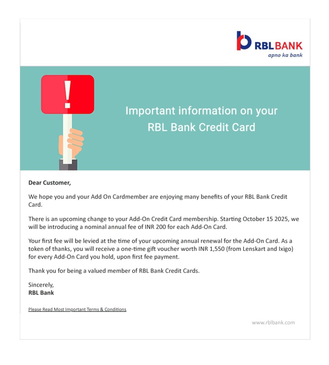 RBL Bank be like:

Add-On Card free? Nah bro, ₹200/year from Oct 15, 2025 👀

But also RBL Bank:
Here, take a ₹1,550 voucher to forget the pain 😂

#CreditCard #BankingHumor