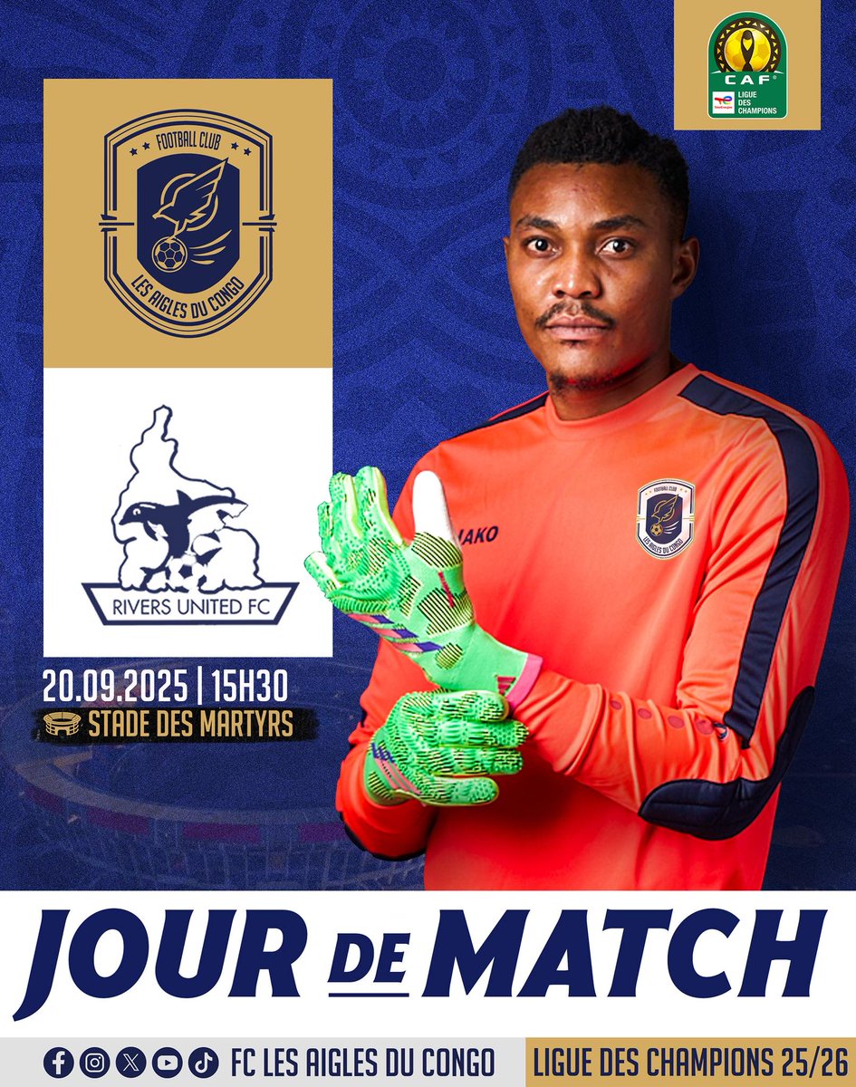 Jour de match ! 
Aujourd’hui, nos Samouraïs entrent en scène dans la prestigieuse Ligue des Champions CAF 2025/26.
- Lieu: Stade des Martyrs
- Coup d’envoi : 15h30
- Match: FC Les Aigles du Congo 📷 vs Rivers United FC 

Plus de rêves, que des objectifs!
#LigueDesChampionsCAF