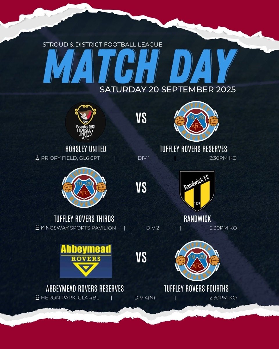 TuffleyRoversFC's tweet image. We’ve got 3 @Stroud_League games today, with the Reserves off to @HorsleyFC_ in Div 1, the 3rd hosting @RandwickFC in Div 2 &amp;amp; the 4ths visiting @abbeymeadrovers Reserves in Div 4(N). All three games KO at 2:30pm.

Here’s wishing all our teams good fortune today!

#uptherovers