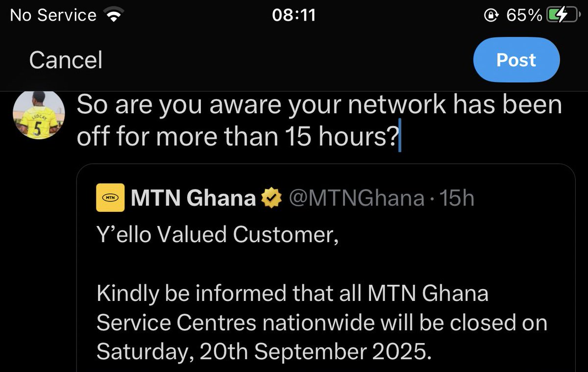So are you aware your network has been off for more than 15 hours?  I have had no service since yesterday 2pm till now.