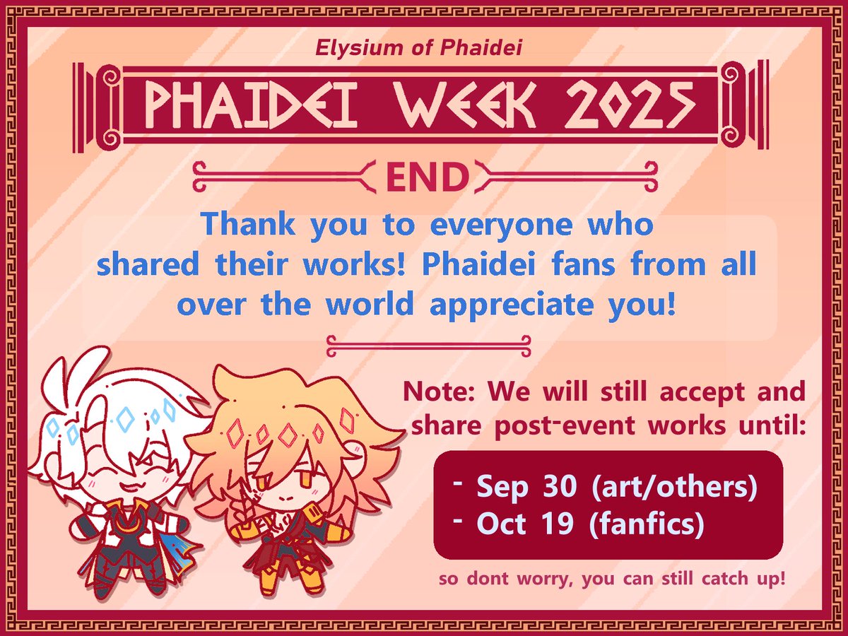 Phaidei_Week's tweet image. THANK YOU so much to everyone who joined❣️It was such a fun & lively event, we hope you enjoyed! ☺️
If u missed it, u can check phaideiweek-masterlist.super.site where we compile all works OR the #phaidei-week channel in our server:discord.gg/phaidei
Happy #PhaideiWeek (END)🙂↕️
⠀