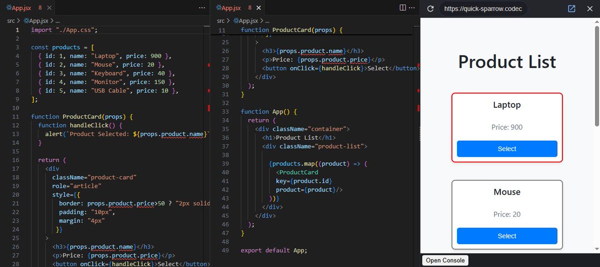 RJCodeFusion's tweet image. 🚀 Built a React Product List App!
✅ Product cards with name, price &amp;amp; &quot;Select&quot; button
🔔 Click = alert: &quot;Product Selected: [ProductName]&quot;
🎨 Conditional borders: red if price &amp;gt; $50, gray otherwise
🔁 Used .map() to render all products efficiently #ReactJS #WebDev