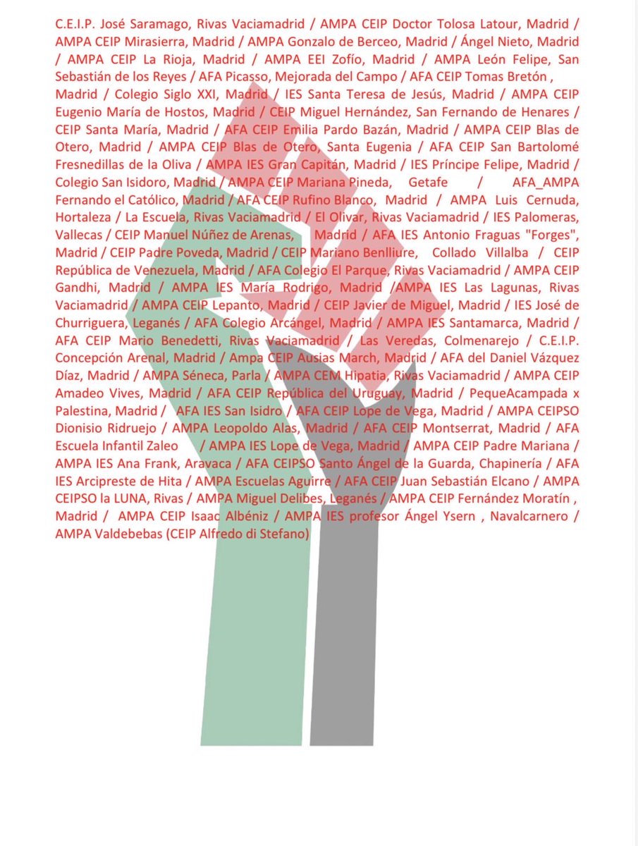 #EducarNoEsAdoctrinar #AMPASyAFASdeMadridConPalestina
Cc <a href="/HortalezaPV/">Hortaleza Periódico</a> <a href="/SindiHortaleza/">Sindicato del Barrio de Hortaleza</a> <a href="/AVLaUnion/">AV La Unión Hortaleza</a> <a href="/AMPAGARCILASO/">AMPA CEIP GARCILASO</a> <a href="/AMPADIONISIO/">DIONISIO RIDRUEJO</a> #ampaluiscernuda