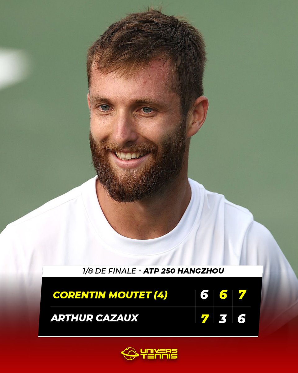 UniversTennis's tweet image. LE DUEL TRICOLORE POUR MOUTET 🇫🇷

Après 3h45, Corentin Moutet sauve DEUX BALLES DE MATCH contre Arthur Cazaux et se qualifie pour les quarts de finale au tournoi ATP 250 de Hangzhou. 👏

Le Français affrontera Tomas Martin Etcheverry pour une place dans le dernier carré.