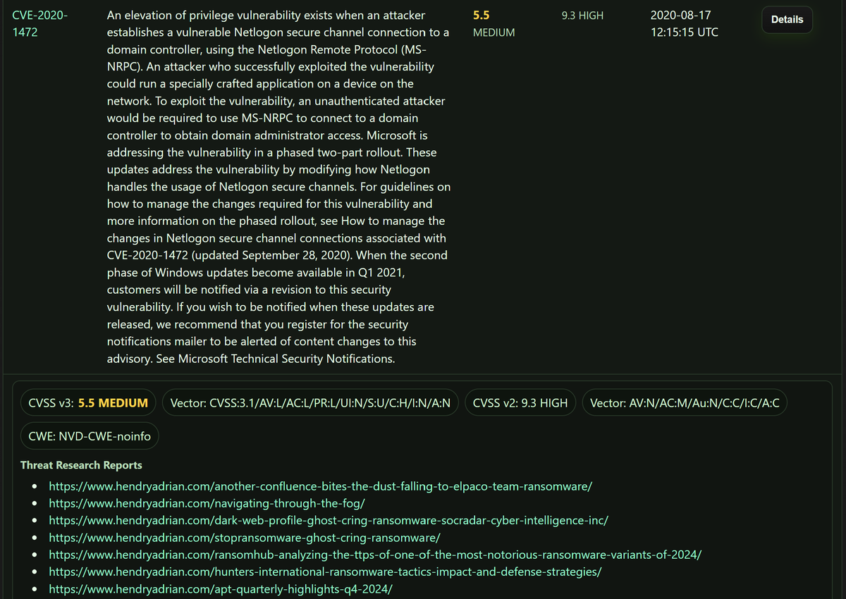 TweetThreatNews's tweet photo. [CVE-2020-1472], aka #ZeroLogon, is a critical #Netlogon flaw that lets attackers forge domain-controller authentication and gain full AD control — a prime gateway for modern #ransomware operators. https://t.co/5YYTLHoqWx