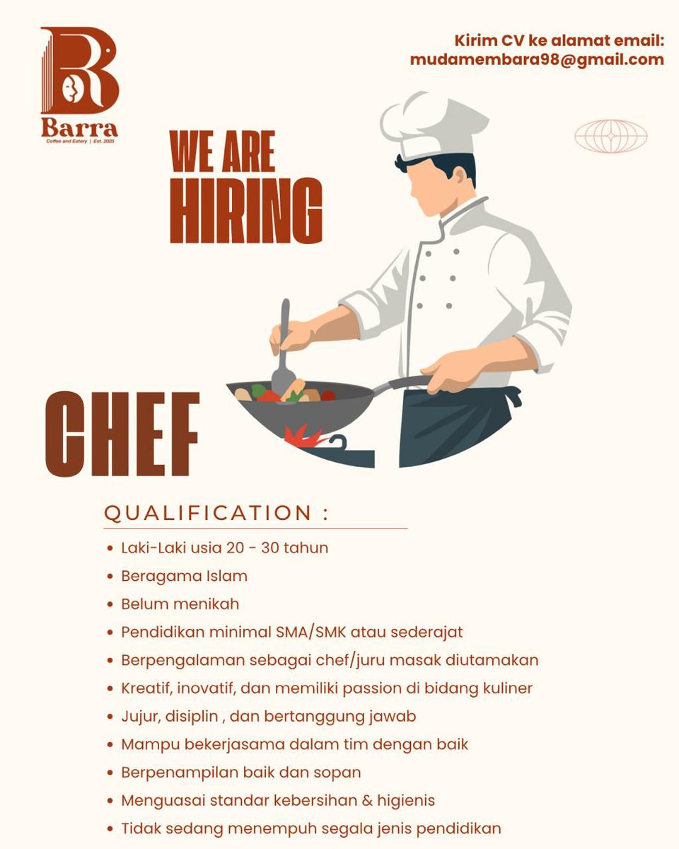 iceopennetworkk's tweet image. Lowongan Kerja Barra Coffee &amp;amp; Eatery ☕🍴 Posisi: Chef &amp;amp; Head Bar. Bergabunglah dengan tim kami, kembangkan karier di kuliner &amp;amp; kopi. Kirim CV: mudamembara98@gmail.com. Lokasi: Kapuas Hulu. #LokerKapuasHulu #LowonganFnB #KarirMuda #HiringChef #HiringBarista