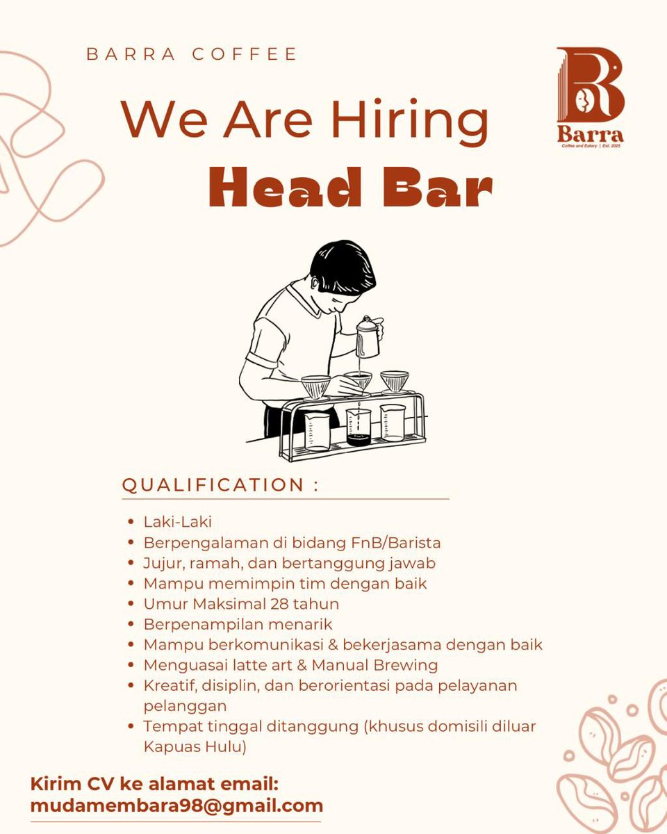iceopennetworkk's tweet image. Lowongan Kerja Barra Coffee &amp;amp; Eatery ☕🍴 Posisi: Chef &amp;amp; Head Bar. Bergabunglah dengan tim kami, kembangkan karier di kuliner &amp;amp; kopi. Kirim CV: mudamembara98@gmail.com. Lokasi: Kapuas Hulu. #LokerKapuasHulu #LowonganFnB #KarirMuda #HiringChef #HiringBarista