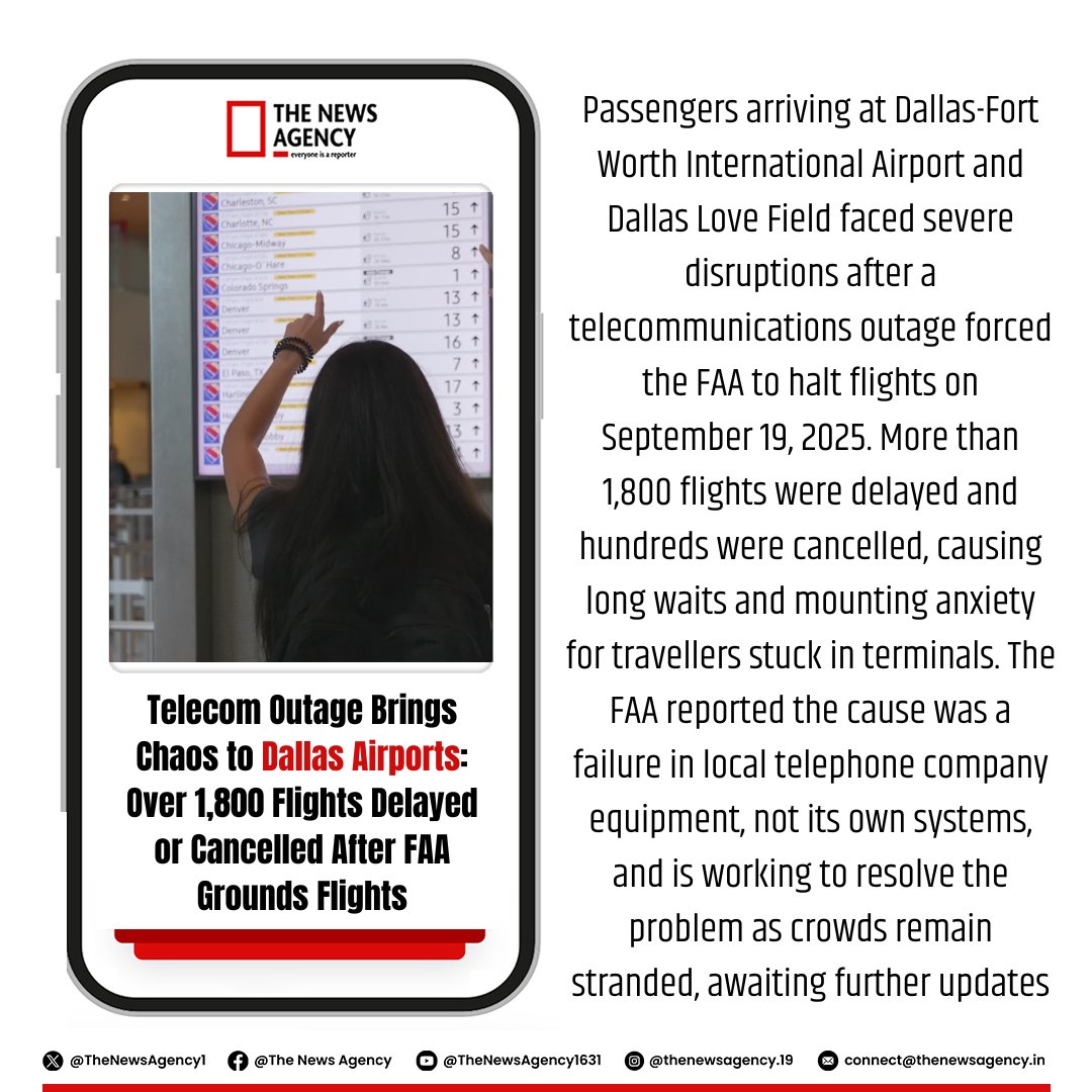 TheNewsAgency1's tweet image. #DallasAirport #FlightDelay #FAA #TelecomOutage #DFW #LoveField #TravelAlert #FlightCancelation #AmericanAirlines #SouthwestAirlines #AviationNews #AirportChaos #PassengerUpdate
@FAANews @DFWAirport @DallasLoveField @AmericanAir @SouthwestAir @USDOT  @TravelGov