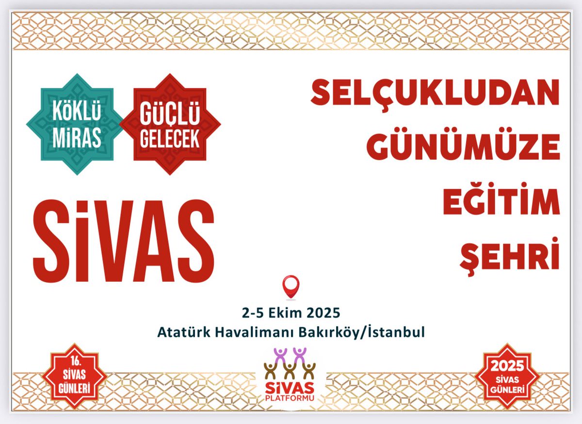 Sivas  Günleri  ;

2-5 Ekim 2025 tarihleri arasında İstanbul Atatürk Havalimanı etkinlik alanında yapılacak 16. Geleneksel #Sivas Tanıtım Günlerine Tüm Hemşehrilerimizi bekliyoruz.

<a href="/bbismailerdem/">İsmail Erdem</a> 
#SivasGünleri2025