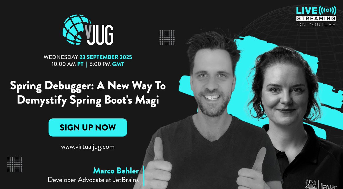 virtualJUG's tweet image. Spring Boot apps can feel like “magic”. But debugging doesn’t have to be mysterious.
On Sep 23, @marcobehler shows how Spring Debugger reveals what’s really happening under the hood.
Sign up now: bit.ly/4msn0VN
#Java #SpringBoot #IntelliJIDEA