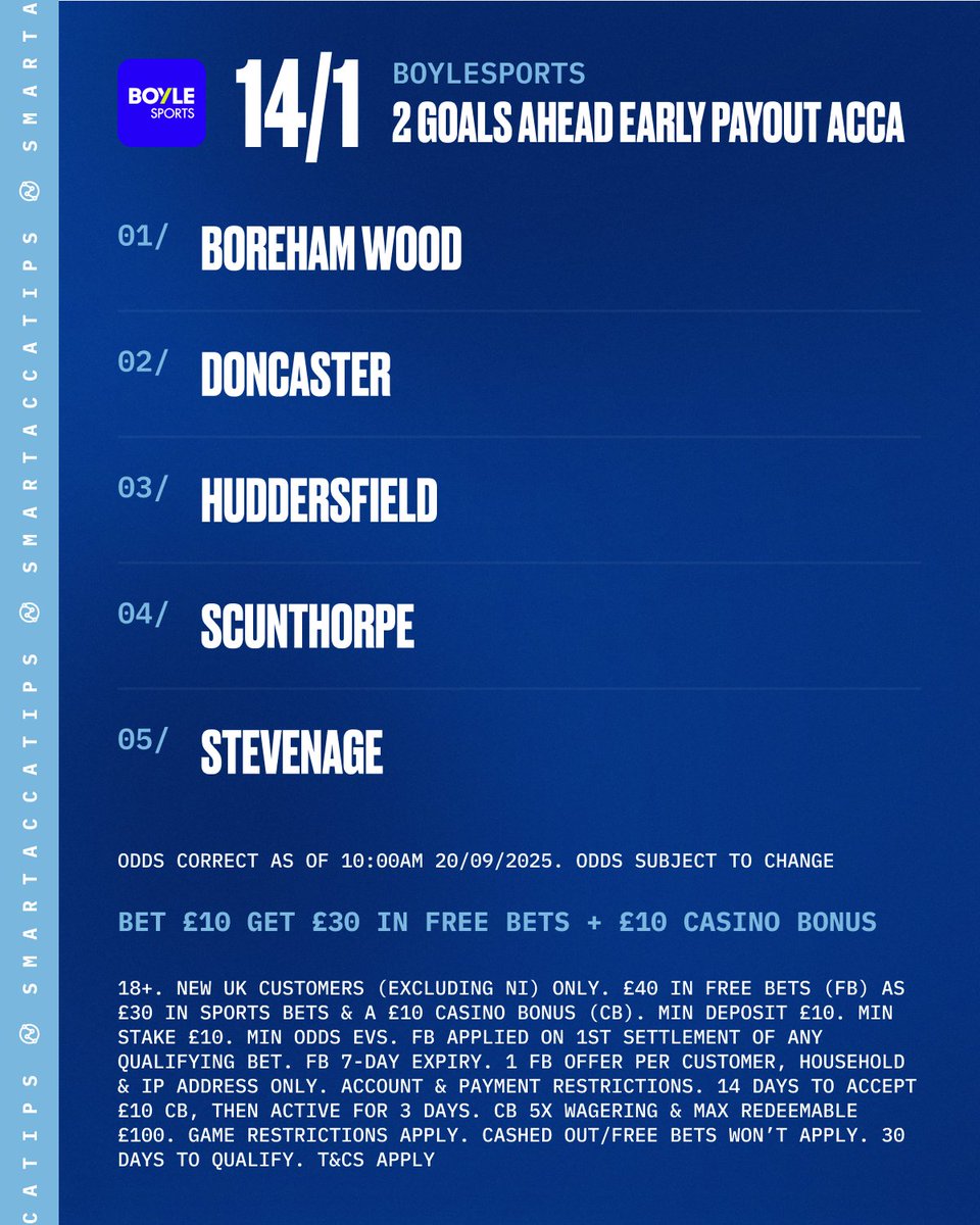 SmartAccaTips's tweet photo. 🤞9/2 & 14/1 EARLY PAYOUT ACCA'S!!

👊 These are BOTH with BOYLE Sports: https://t.co/YZPcNyr3xU

✅ Make sure to apply acca boost in your betslip(s).

1️⃣🆙 LINK: https://t.co/3XsrJYo1Of

🎁 Join today, bet £10 & get £40 in FREE BETS!!!

2️⃣🆙 LINK: https://t.co/NgLXB25mi0

Ad | GambleAware | 18+ | T&C's Apply