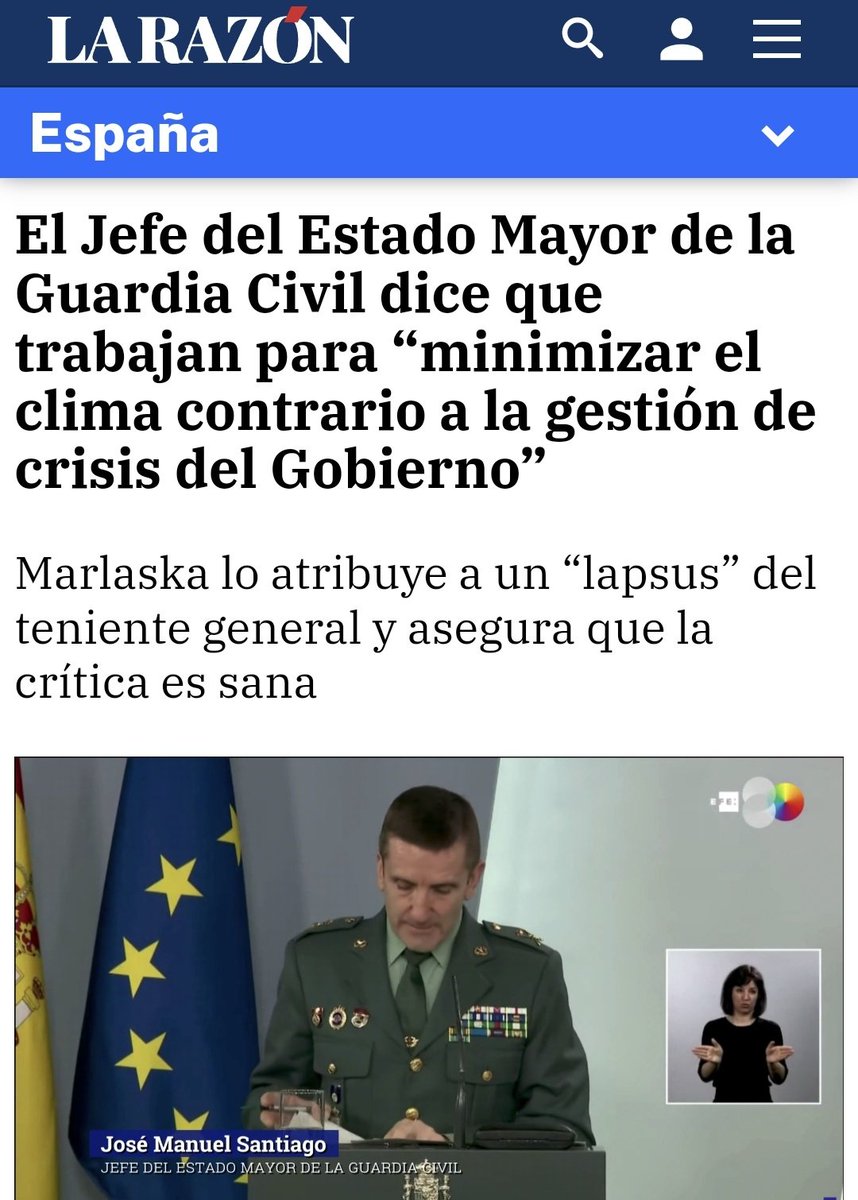 General de la UME: que no pueden entrar a una catástrofe a ayudar sin autorización.

General de la armada: que están para ayudar a los cayucos y no para repelerlos.

General de la Guardia Civil: que trabajan para minimizar el clima contrario al gobierno.

¿No te haces preguntas?