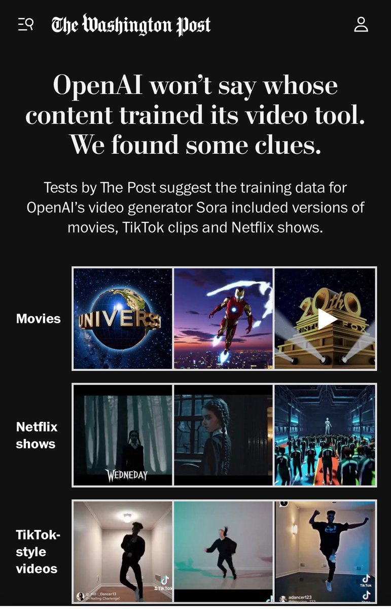 OpenAI seems to have trained Sora on Hollywood movies, Netflix shows, TikTok, Twitch, the NBA, and video games.

Fantastic reporting from the Washington Post.

washingtonpost.com/technology/int…