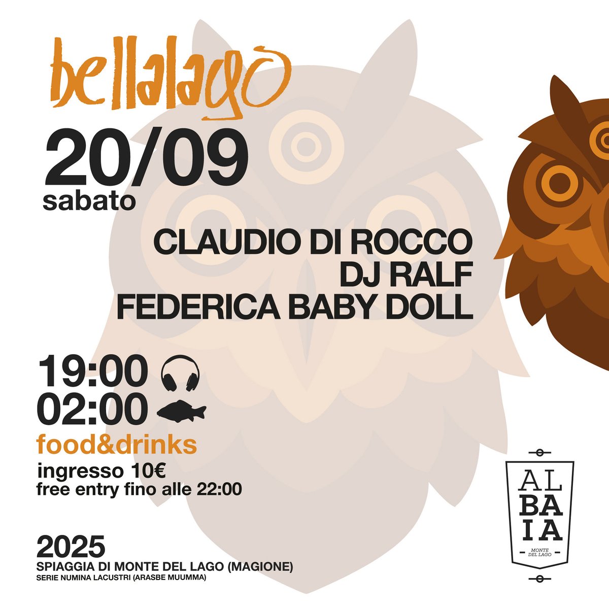 #bellalago 2025
Sabato 20 Settembre @ Albaia, Monte del lago
dalle 19:00 alle 02:00

☆ <a href="/DjRalf__/">DjRalf__</a>
☆ Claudio di Rocco
☆ Federica Baby Doll

Free entry fino alle 22:00
€10 dalle 22:00 in poi
Food &amp; Drinks

bellaciao.club
djralf.com