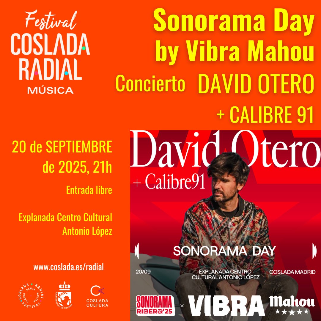 ¡Esta noche en #cosladaradial! <a href="/davidotero/">davidotero</a> <a href="/DOteroMadrid/">David Otero Madrid</a> <a href="/calibre_91/">Calibre 91</a> <a href="/VibraMahou/">Vibra Mahou</a> <a href="/sonoramaribera/">Sonorama Ribera</a> <a href="/Ayto_Coslada/">Ayuntamiento de Coslada</a> <a href="/CosladaCultura/">CosladaCultura</a>