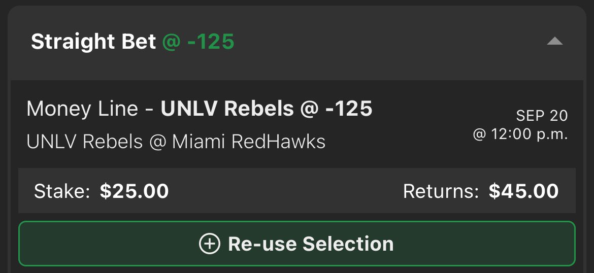 🔥 FREE PLAY ALERT 🔥
We’re locking in UNLV Rebels ML (−125) vs Miami (OH).
Rebels’ offense has been rolling 30+ every week, and Miami’s attack hasn’t cracked 20 vs FBS this year. At this price, the edge is clear. Legacy move.
Wager: $25 ➝ Returns $45 Record stays disciplined