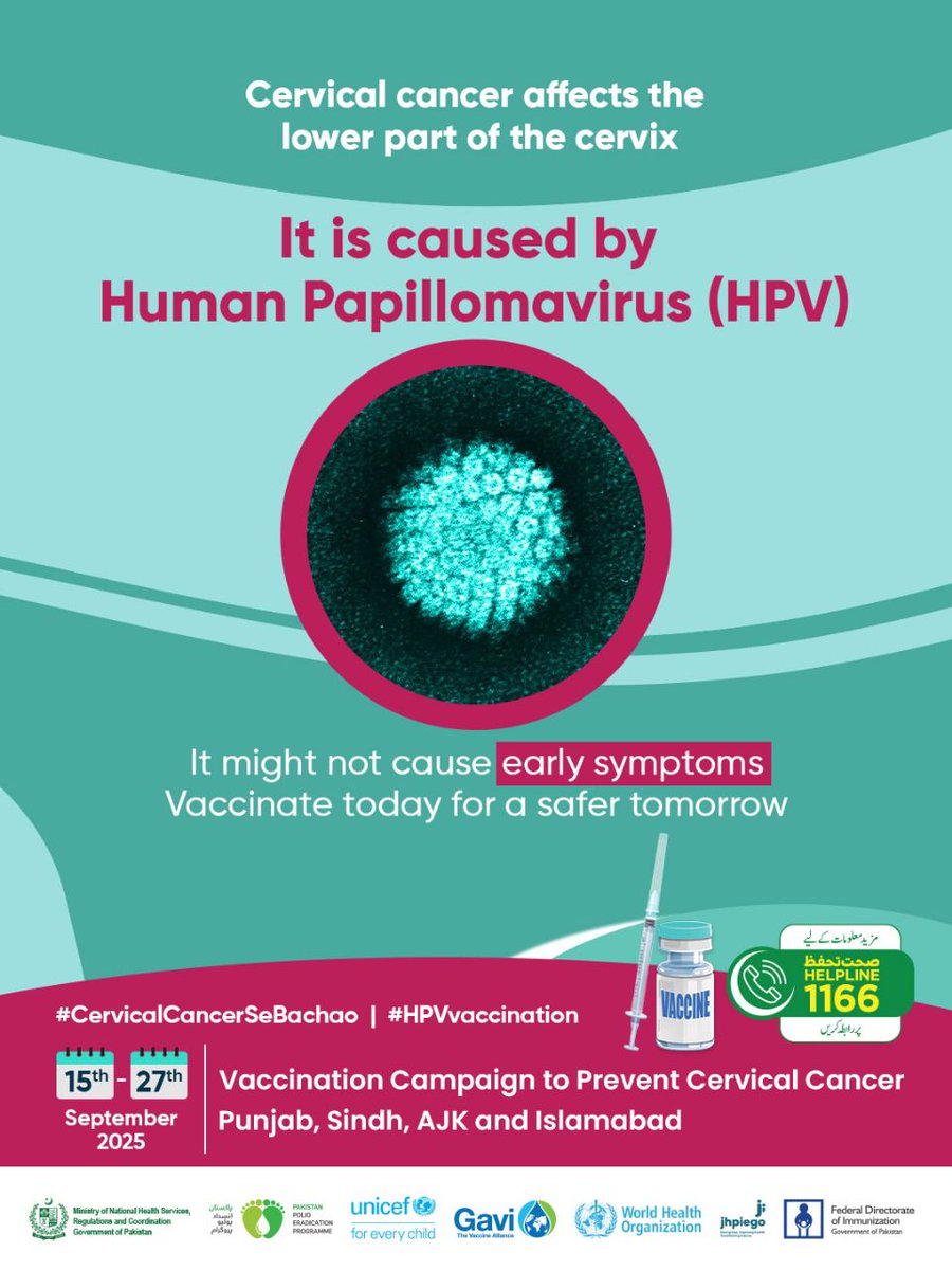 MohsinAbbas0512's tweet photo. Myth: HPV vaccine causes infertility.
Fact: It prevents cervical cancer &amp; saves lives.
#HPVVaccine #ProtectWithHPV #VaccinatePakistan #SehatMandBetiSehatMandGharana@SYNCHPakistan @GovtofPakistan @DhoIslamabad @UNICEF_Pakistan @gavi @WHOPakistan @nhsrcofficial https://t.co/9D0JlFn2Uh