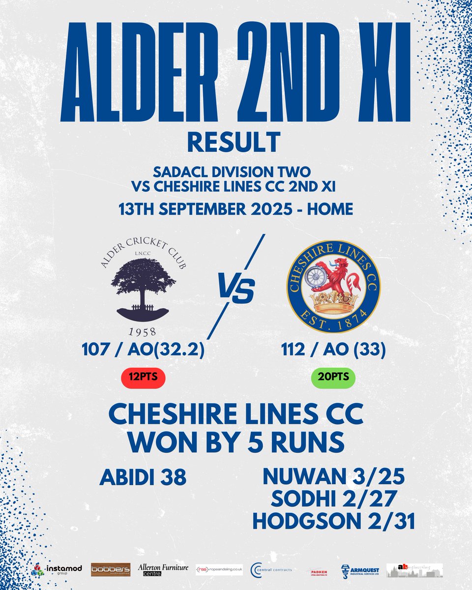 ALDER CC RESULT - SATURDAY 13TH SEPTEMBER

2nd XI - LOST vs <a href="/TheCheshCC/">CheshirelinesCC</a> 

1st XI - Abandoned
Sunday XI - Opposition Conceded

Up the Alder!