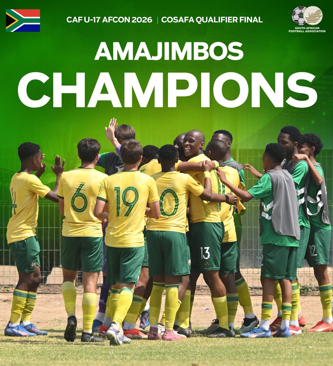 𝗖𝗛𝗔𝗠𝗣𝗜𝗢𝗡𝗦 🏆

Amajimbos have won the U17 AFCON COSAFA qualifiers after beating Angola 2-1 in the final.

Omphemetse Sekgoto and Siyabonga Mbongo scored for our boys.

🇿🇦 𝗡𝗼 𝗗𝗡𝗔, 𝗷𝘂𝘀𝘁 𝗥𝗦𝗔.