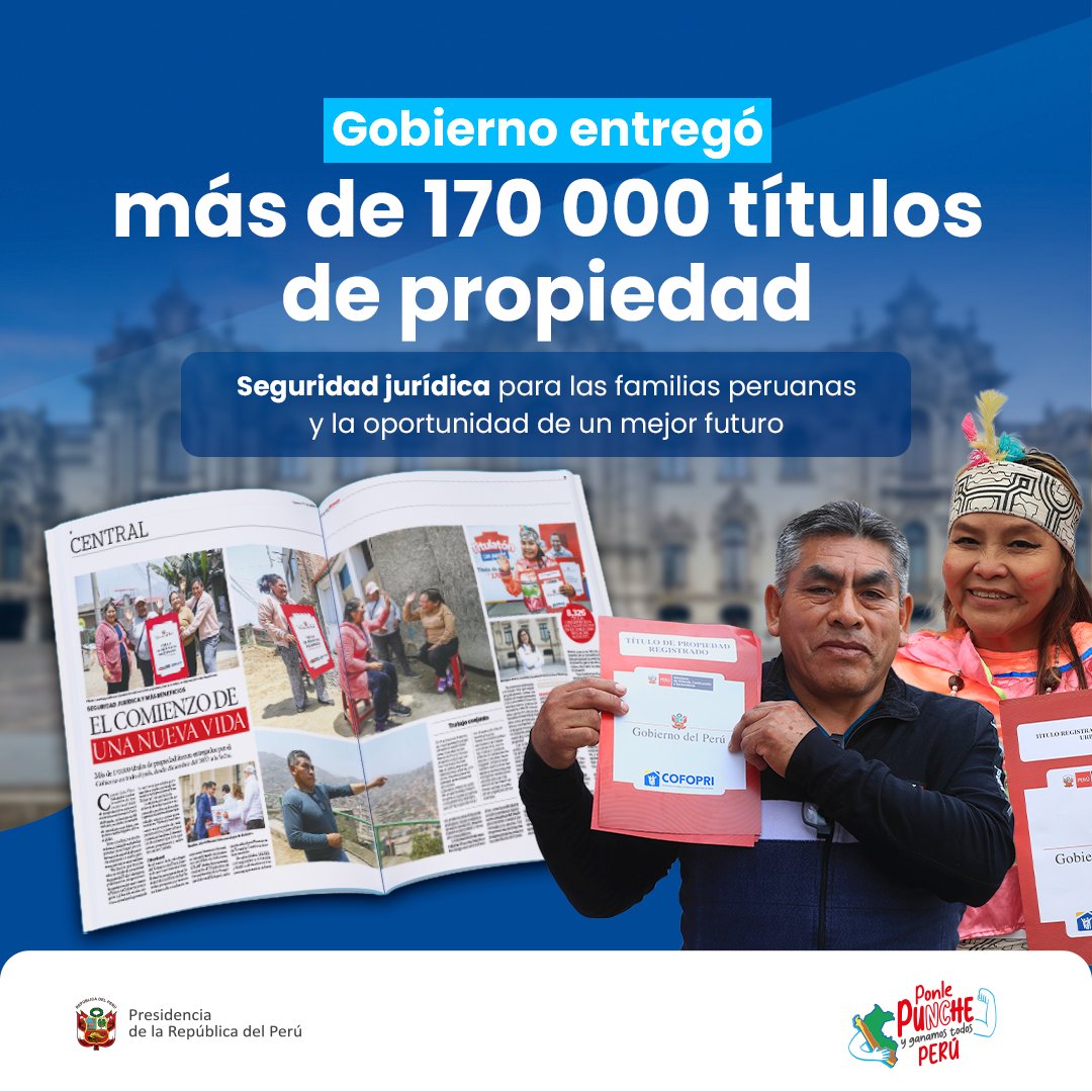 presidenciaperu's tweet photo. 🇵🇪El Gobierno garantizó la seguridad jurídica de más de 170 000 familias e instituciones públicas, a través de la entrega de títulos de propiedad que brindan la oportunidad de un mejor futuro. #PonlePunchePerú

🗞️Más detalles: https://t.co/cFApMs7wrs https://t.co/EqzvzMoMkx