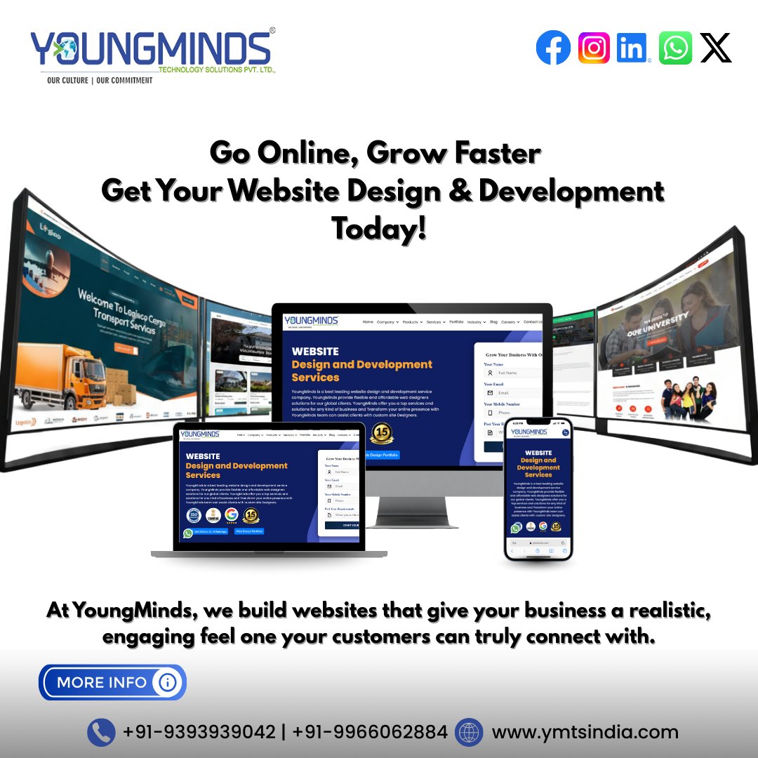 ymtsindia's tweet image. 🚀 Go Online, Grow Faster with YoungMinds! 🌐✨
We build modern, responsive websites that make your business stand out &amp;amp; connect better with customers. 💻📱

✅ Custom Web Design
✅ Business-Focused Development
✅ 15+ Years of Expertise

#YoungMinds #WebDesign #WebsiteDevelopment