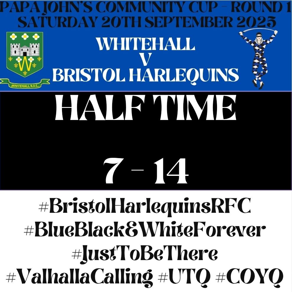 Half Time at Foundry Lane and Quins lead by 14 points to 7!

7 - 14

🔵⚫️⚪️

 #BristolHarlequinsRFC #BlueBlackAndWhiteForever #JustToBeThere #ValhallaCalling #UTQ #COYQ