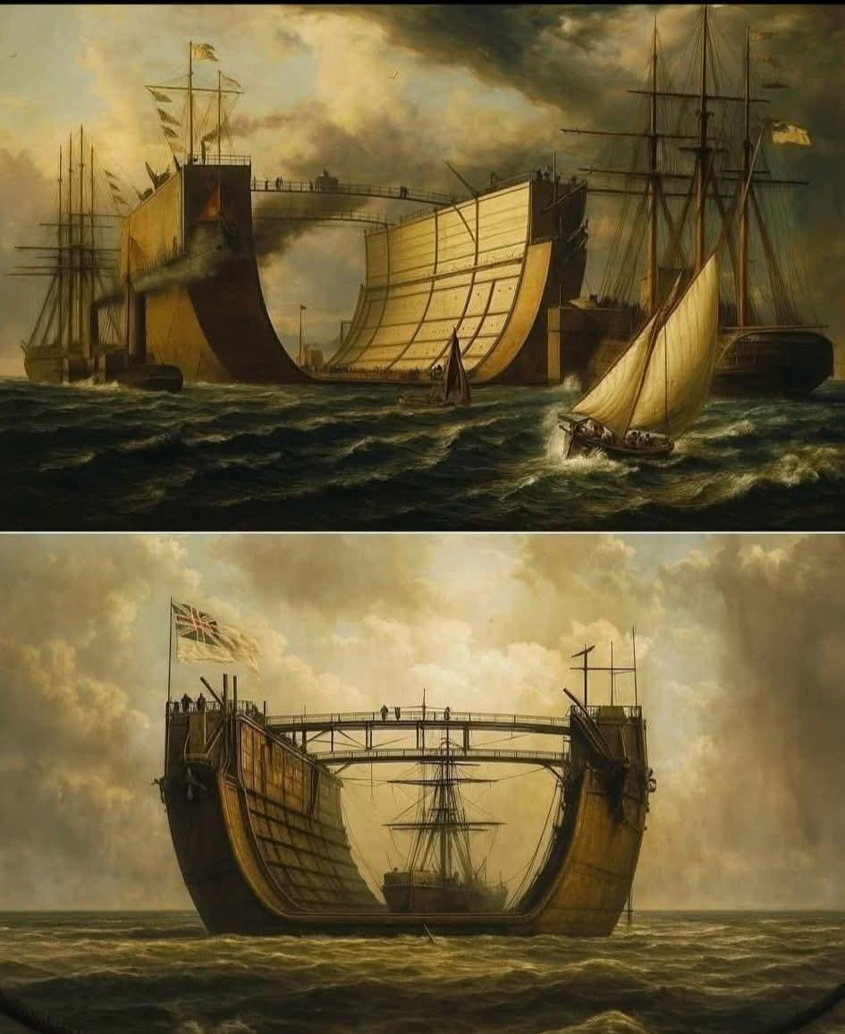 rj7259's tweet photo. In 1869, Britain towed the world's largest floating dry dock across the Atlantic - all 8,000 tons of it.

Built to repair warships like HMS Warrior, the 380-foot iron dock was too big to build in Bermuda's porous ground, so engineers made it floatable. https://t.co/FIwzuINLMR