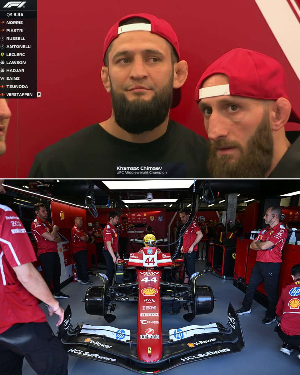 Khamzat Chimaev chilling in the Ferrari garage during F1 qualifying 🏎️