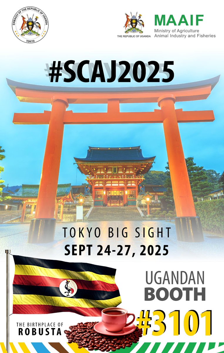 Taking Ugandan Coffee to global platforms, building new export linkages: <a href="/GovUganda/">Government of Uganda</a> through MAAIF, in collaboration with the Ugandan Embassy in #Japan will promote 🇺🇬 Coffee at the World Specialty Coffee Conference and Exhibition in Japan.

🗓 24-27 September, 2025

#SCAJ2025