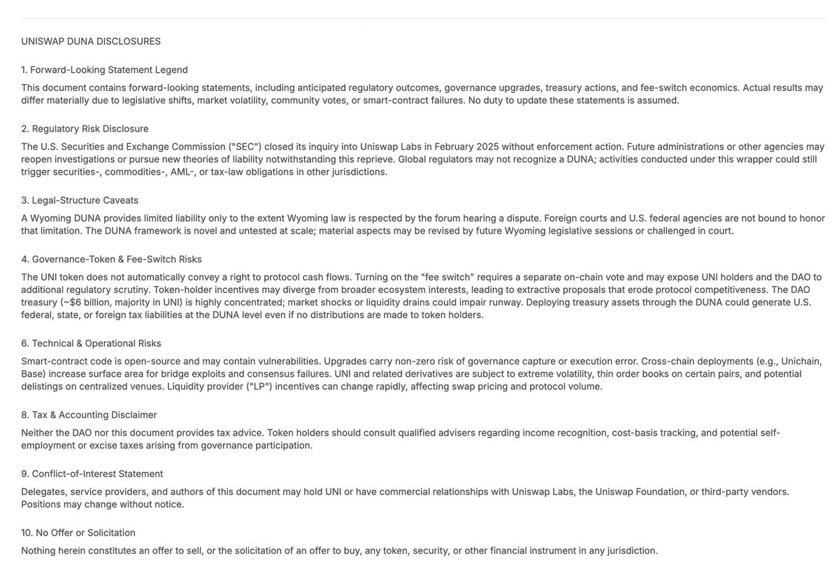 cmdefi's tweet image. Uniswap的这个DUNI提案，在上周就已经投票通过了，但 $UNI 不涨反跌。

Uniswap表露出的状态仍非常谨慎，在基金会官网上有一段关于DUNA的风险披露，其中提到了费用开关需要有一个单独的提案，并强调了这个提案会面临合规风险、治理风险、协议可能面临流动性流失。

按这个状态来看，…