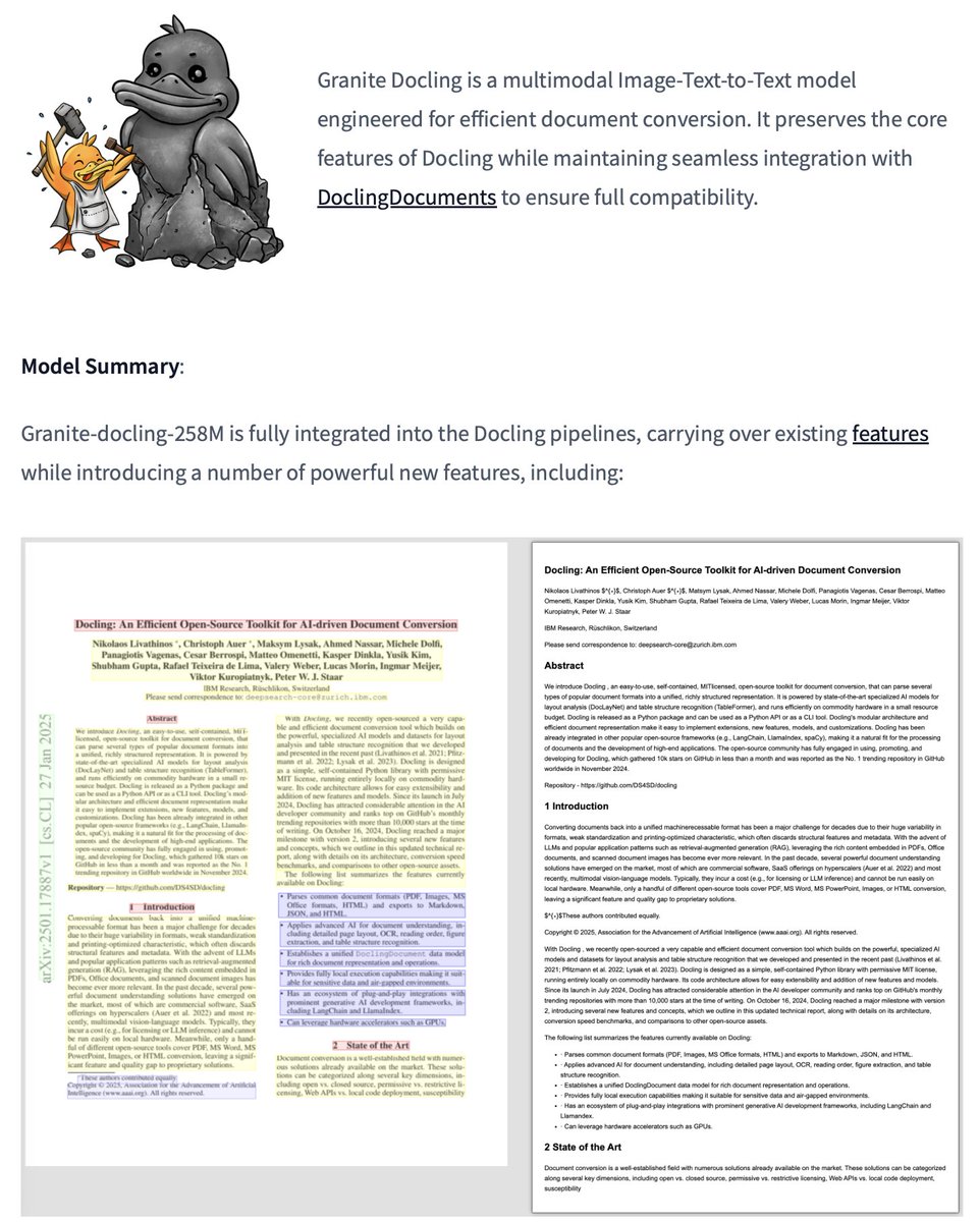 Sumanth_077's tweet image. IBM just dropped a new Multimodal Model for Document AI!
Granite-Docling-258M is a tiny, ultra-compact, vision-language model specifically designed for end-to-end document conversion.
100% Open Source