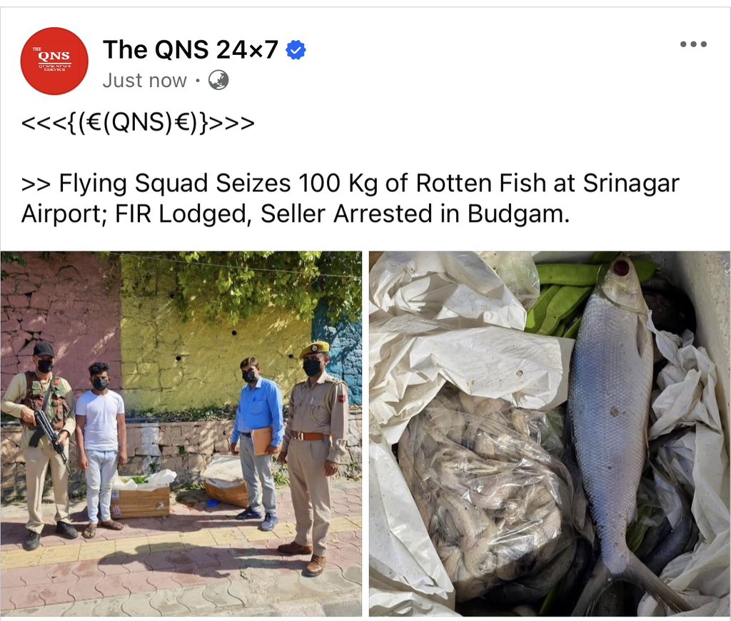 <<<{(€(QNS)€)}>>>
>> Flying Squad Seizes 100 Kg of Rotten Fish at Srinagar Airport; FIR Lodged, Seller Arrested in Budgam

Read More ||          qns24x7.com/flying-squad-s…