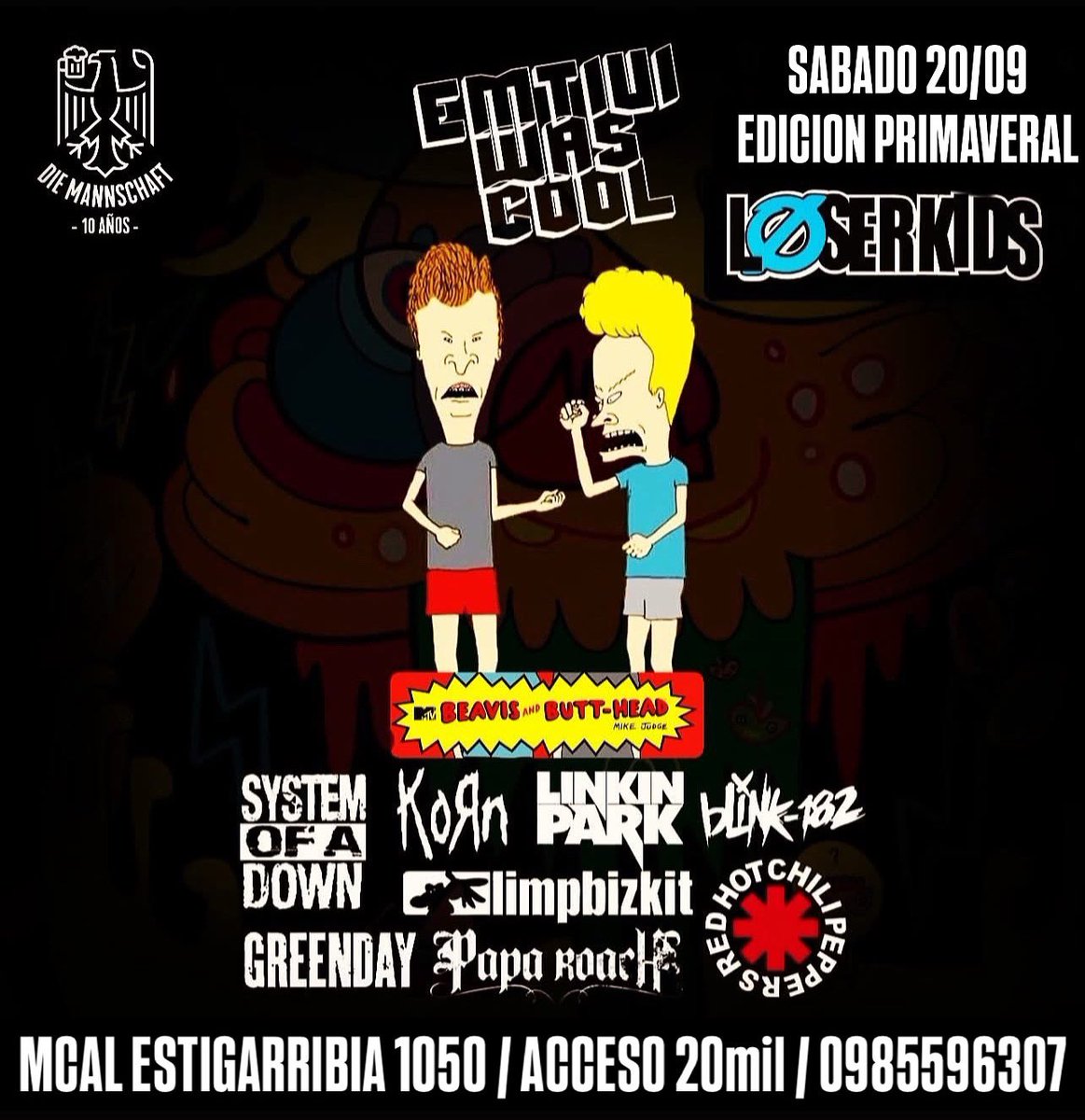 diemannschaftpy's tweet photo. HOOOOY SÁBADO 20/09 de PRIMAVERA 🌝💐 @mtv #springedition Tributo a @systemofadown @greenday @foofighters @Korn @limpbizkit @paparoach @blink182 @chilipeppers @thekillers &amp; @offspring por @loserkidspy 
en vivo en el CENTRO
📲 0985596307
Abrimos 19hs
📍MCAL ESTIGARRIBIA 1050 https://t.co/mZ14mvOSuO