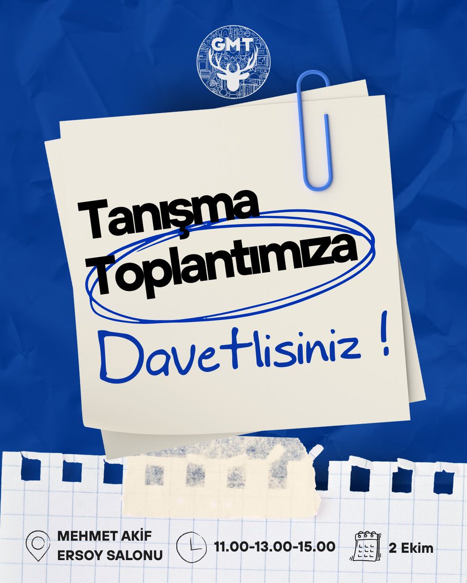 Hazır mısın GMT’li? 🚀

Genç Mühendisler Topluluğu olarak tüm üyelerimizle buluşmak için sabırsızlanıyoruz! 💙⚡️

📍 2 Ekim Perşembe günü, Mehmet Akif Ersoy salonunda gerçekleşecek tanışma toplantımızda seni de aramızda görmek çok isteriz. 🤩