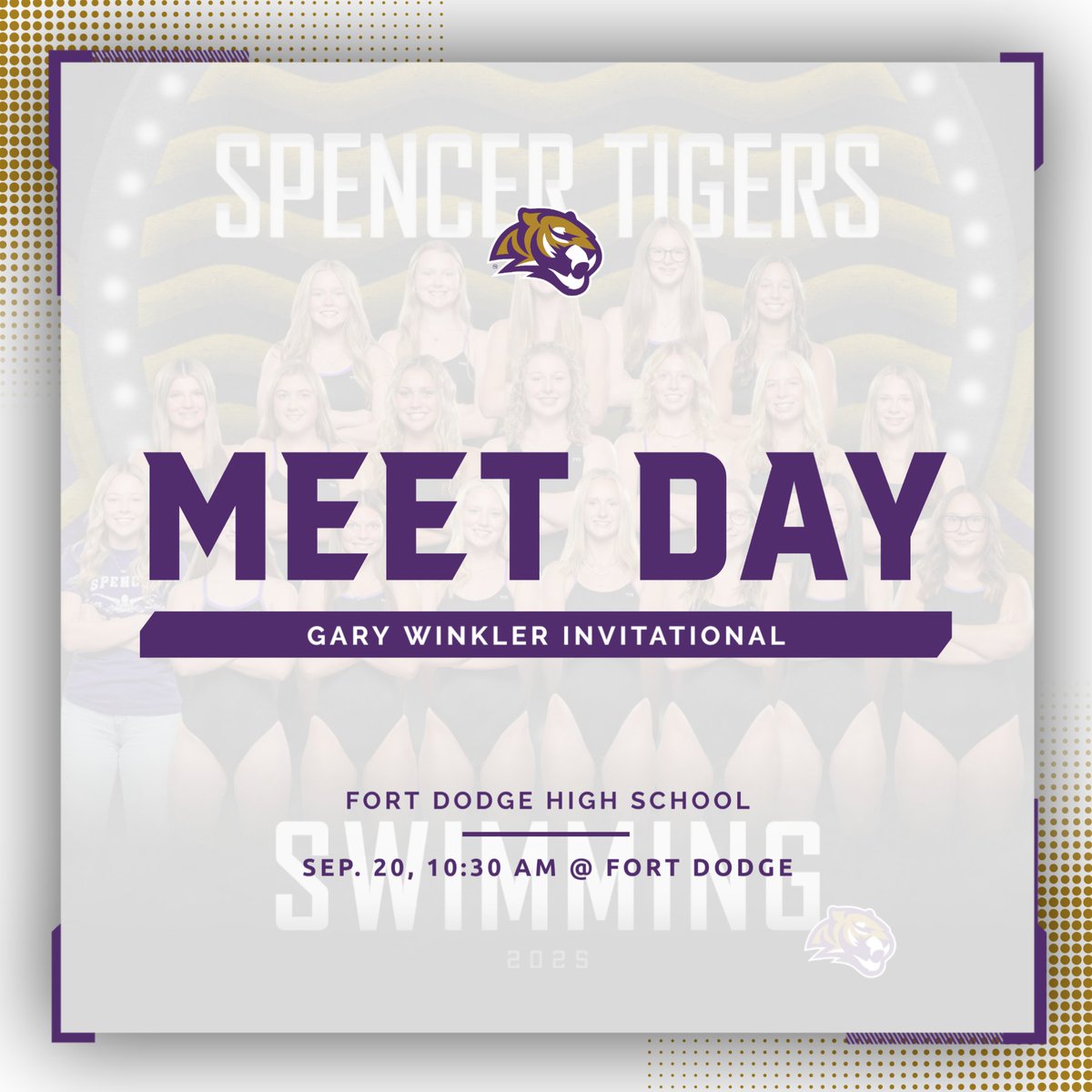 It's MEET DAY for the Spencer Tigers Girls Swim Team! 🏊‍♀️ Our swimmers are ready to make a splash at the Gary Winkler Invitational at Fort Dodge High School!

🗓️ Sep. 20 | ⏰ 10:30 AM | 📍 Fort Dodge

#SpencerTigers #GirlsSwimming #MeetDay #SwimFast