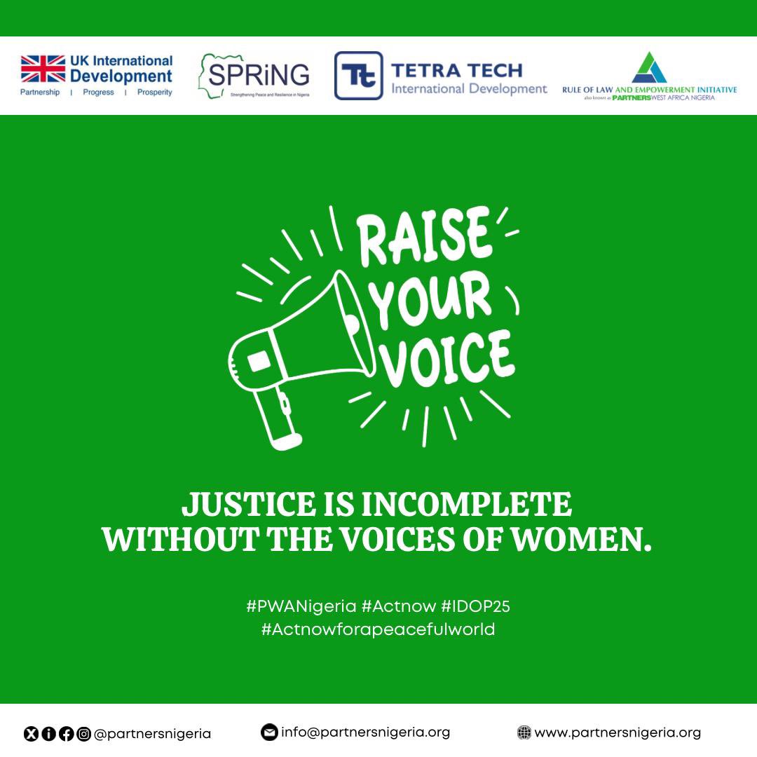 partnersnigeria's tweet image. Justice is incomplete without the voice of women. ✊ Let’s amplify women’s voices and demand equality for all! 

#PWAN #PWA-Nigeria #WomenMatter #JusticeForAll #EndGBV